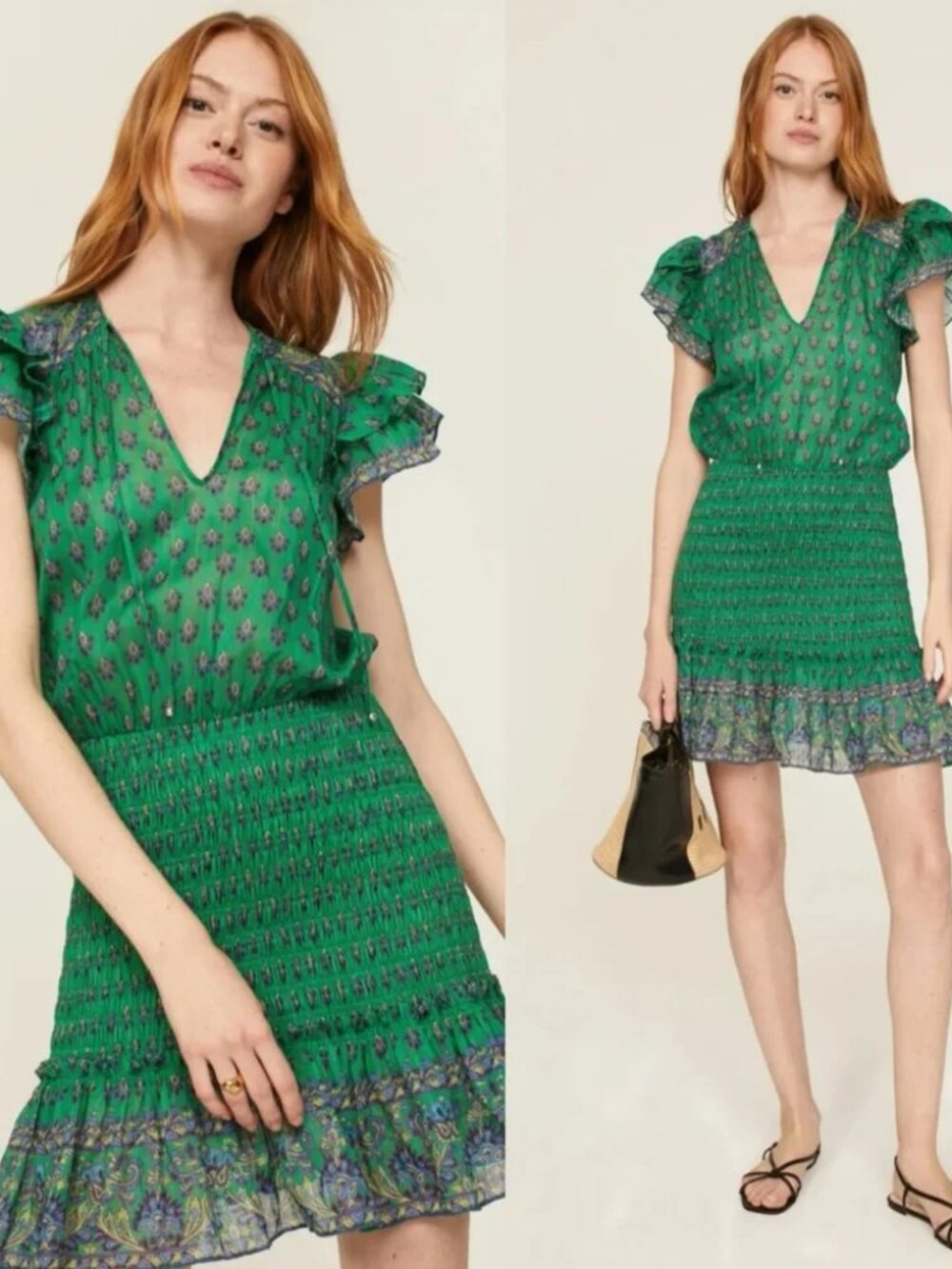 Veronica Beard Brindelle Dress Kelly Green Smocked skirt Tiered Mini Cotton 14